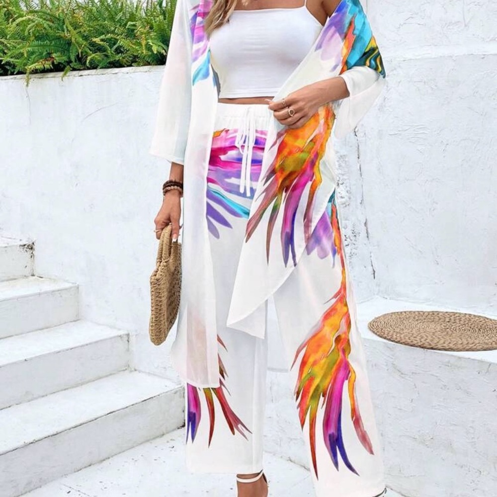 Colorful Feather Print Kimono Set